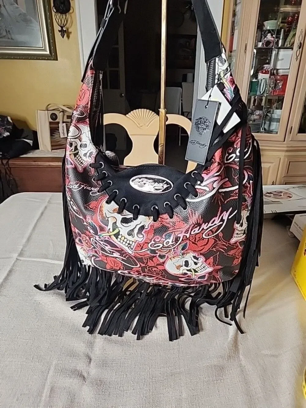 NWT Ed Hardy Fringed Hobo Shoulder Bag - Skulls & Roses - Red